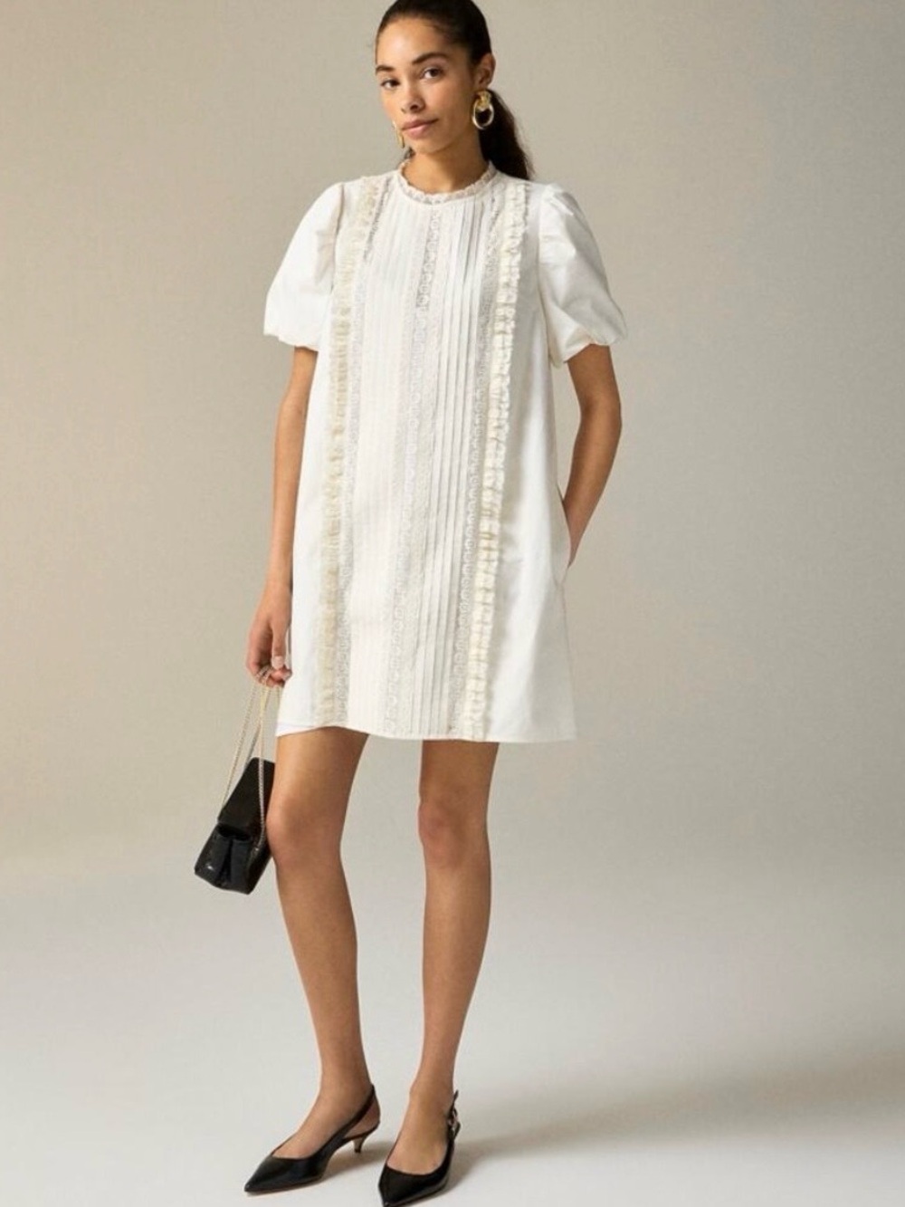 J. Crew Lace-Trim Pintuck Mini Dress WMNS size S Cream Slip Lining Puff sleeve